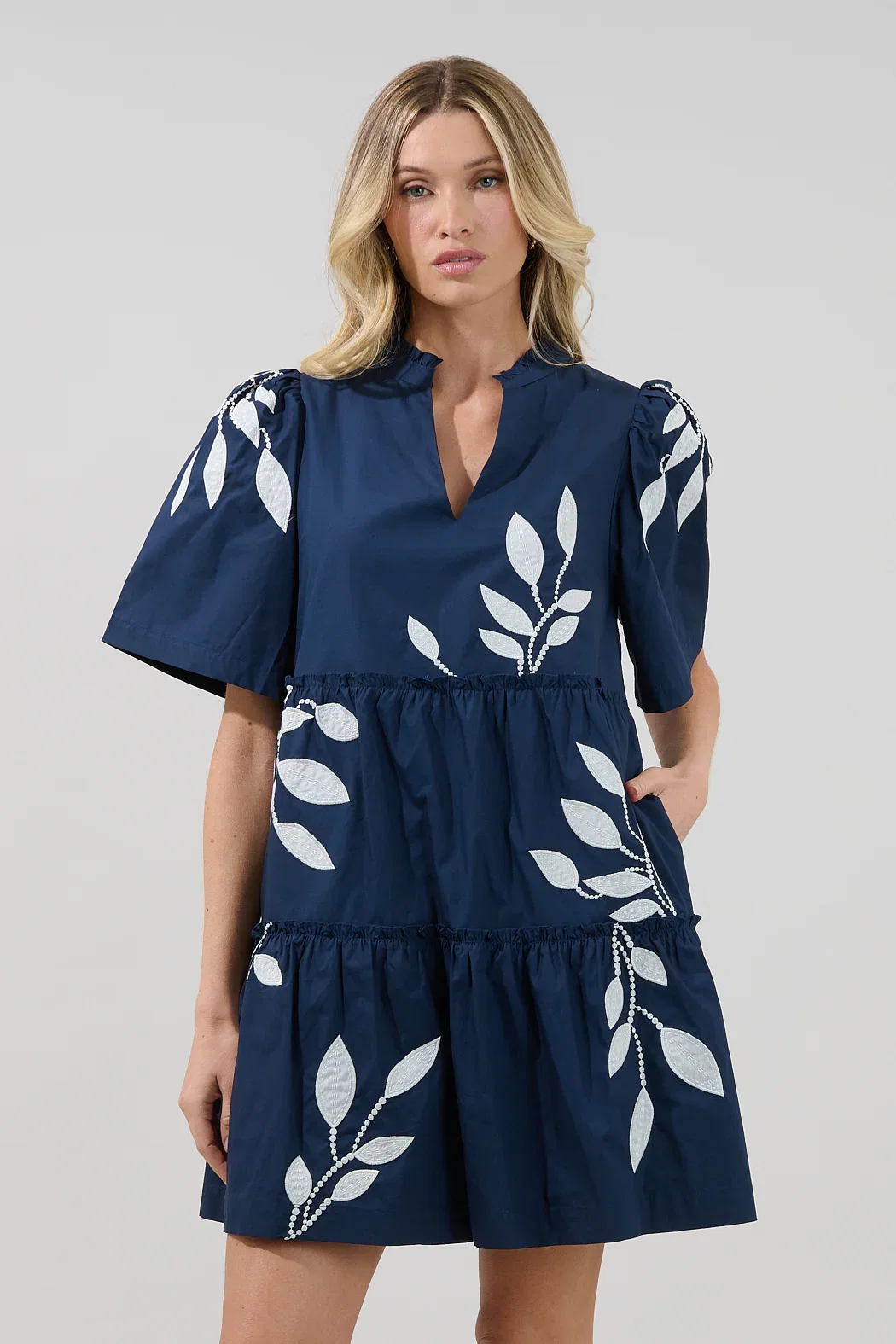Image of Dixie Split Neck Shift Dress Embroidered Leaf
