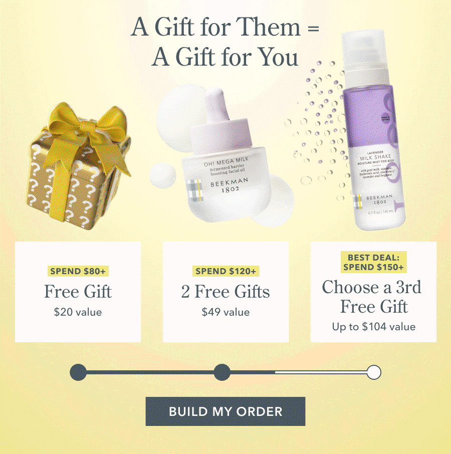 A Gift for Them = A Gift for You | SPEND $80+ Free Gift $20 value SPEND $120+ 2 Free Gifts $49 value BEST DEAL: SPEND $150+ Choose a 3rd Free Gift Up to $104 value BUILD MY ORDER