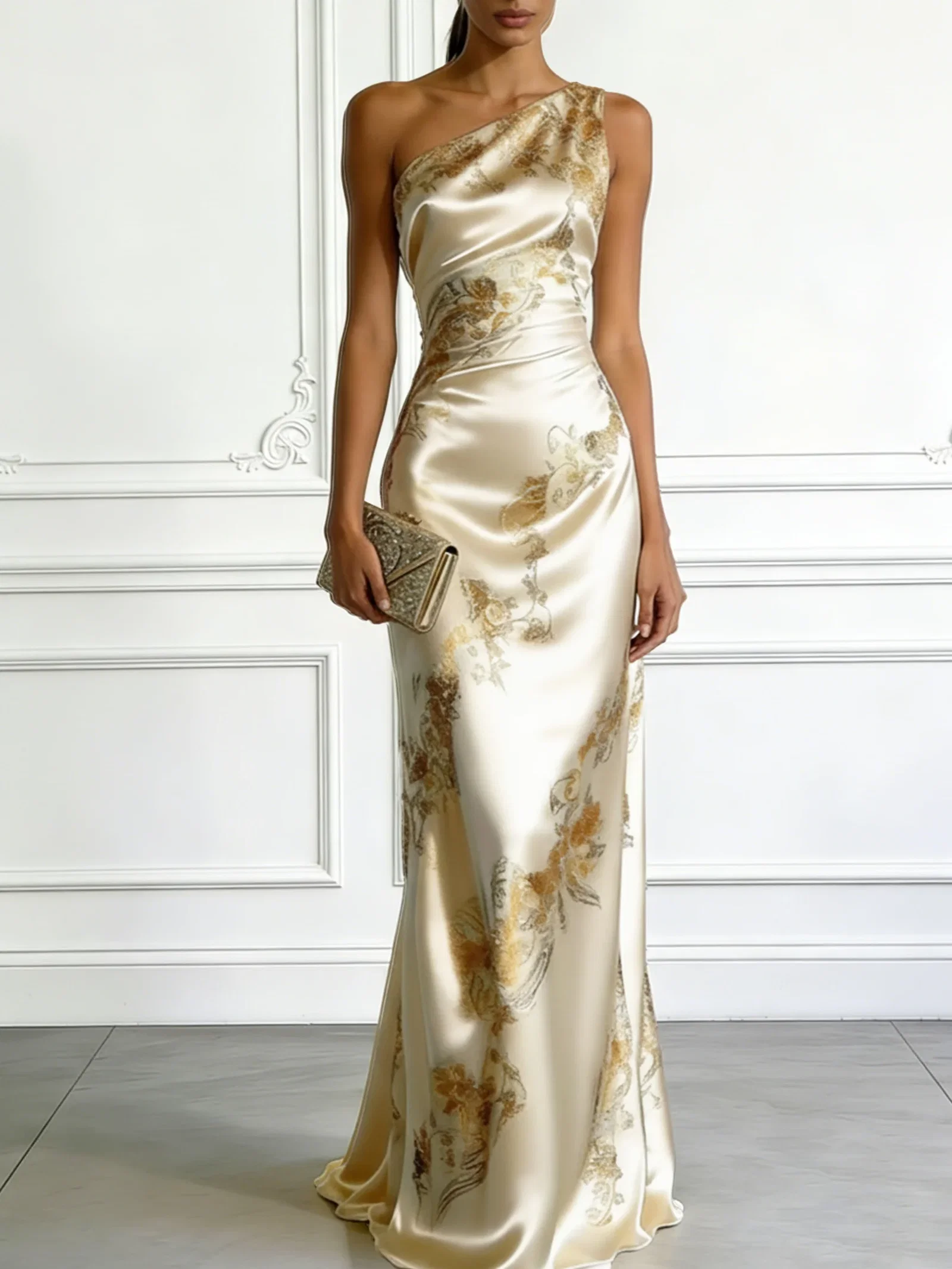 Beige Floral Satin One Shoulder Sleeveless Sheath Floor-length Gown Dress