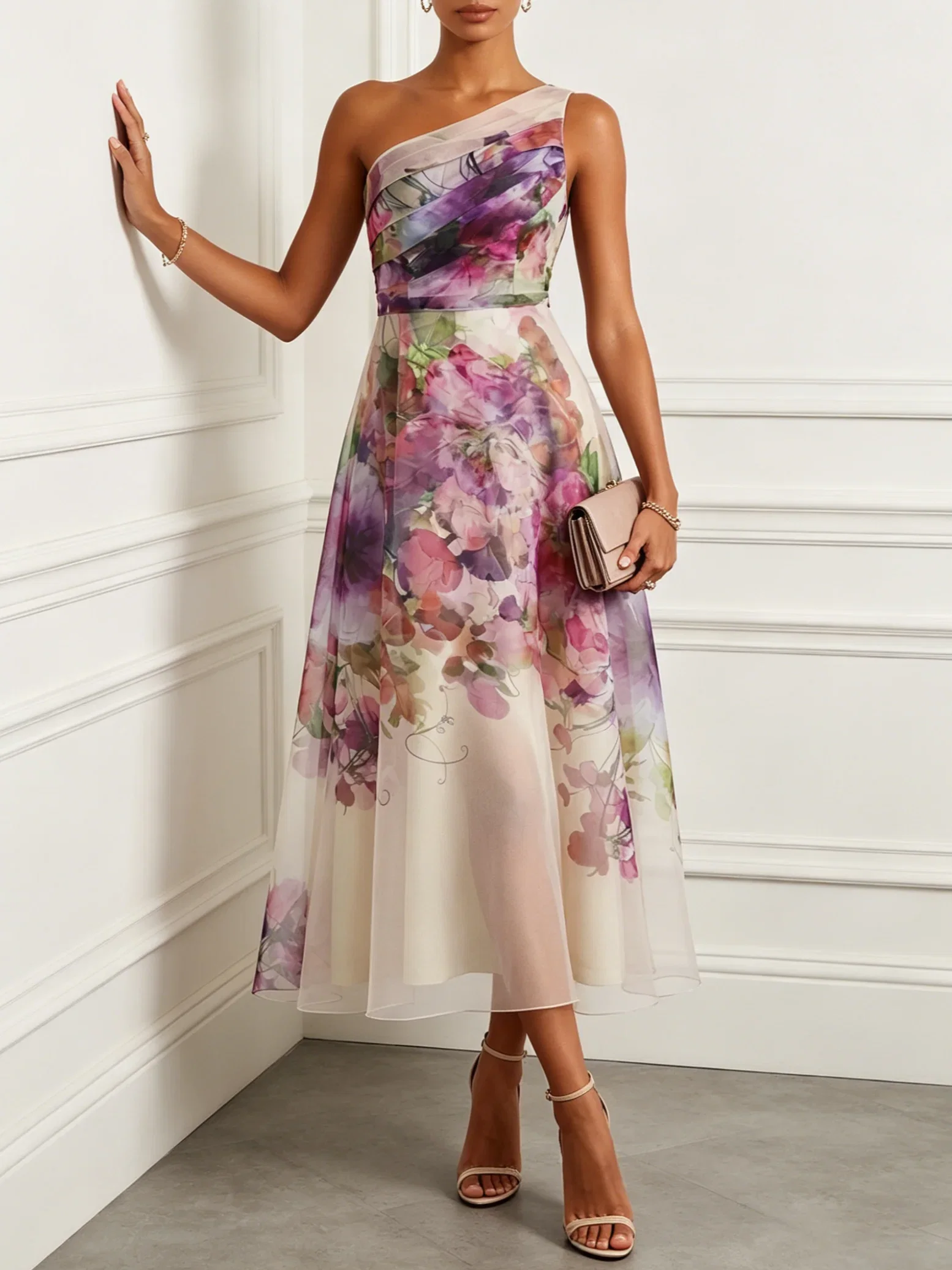 Purple Floral Ruched Tulle One Shoulder Sleeveless A-Line Midi Dress