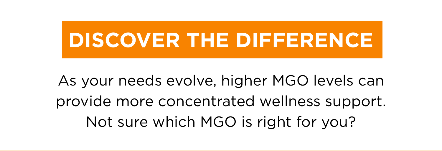 DISCOVER THE DIFFERENCE |  As your needs evolve, higher MGO levels can provide more concentrated wellness support. Not sure which MGO is right for you? 
