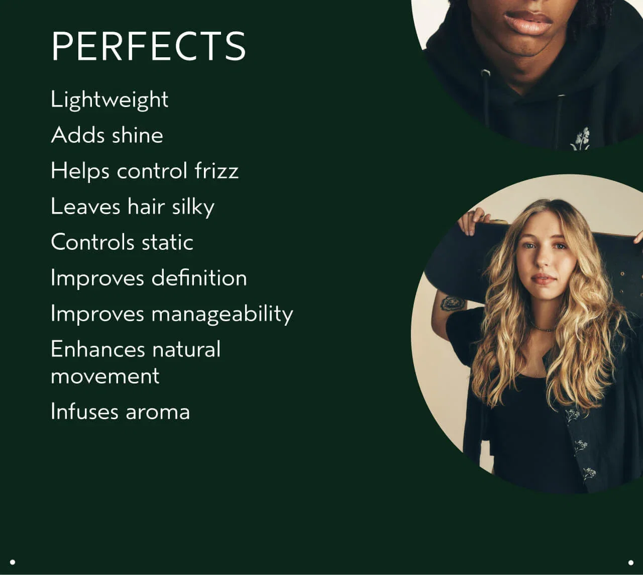 Woman within a circle with list of benefits labelled 'Perfects' on the left.
