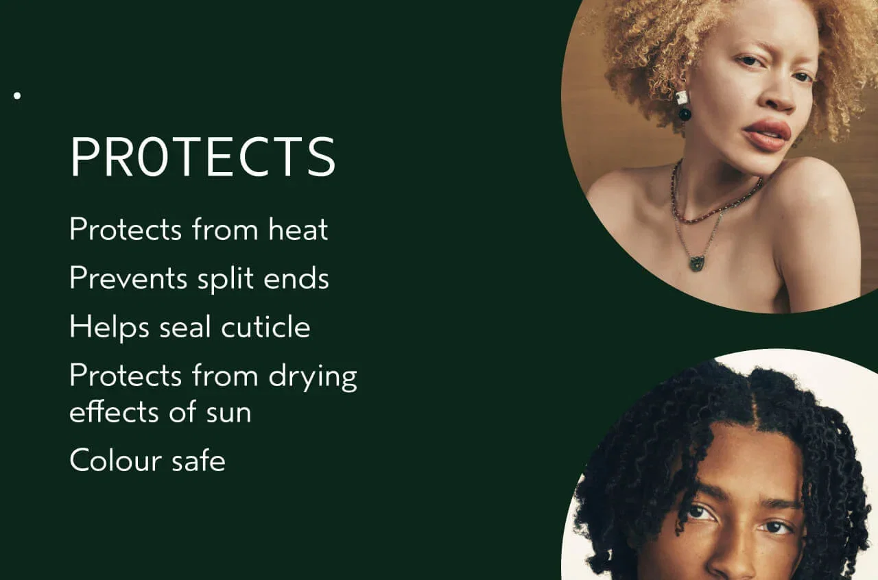Woman's and man's faces within two circles with list of benefits labelled 'Protects' on the left.