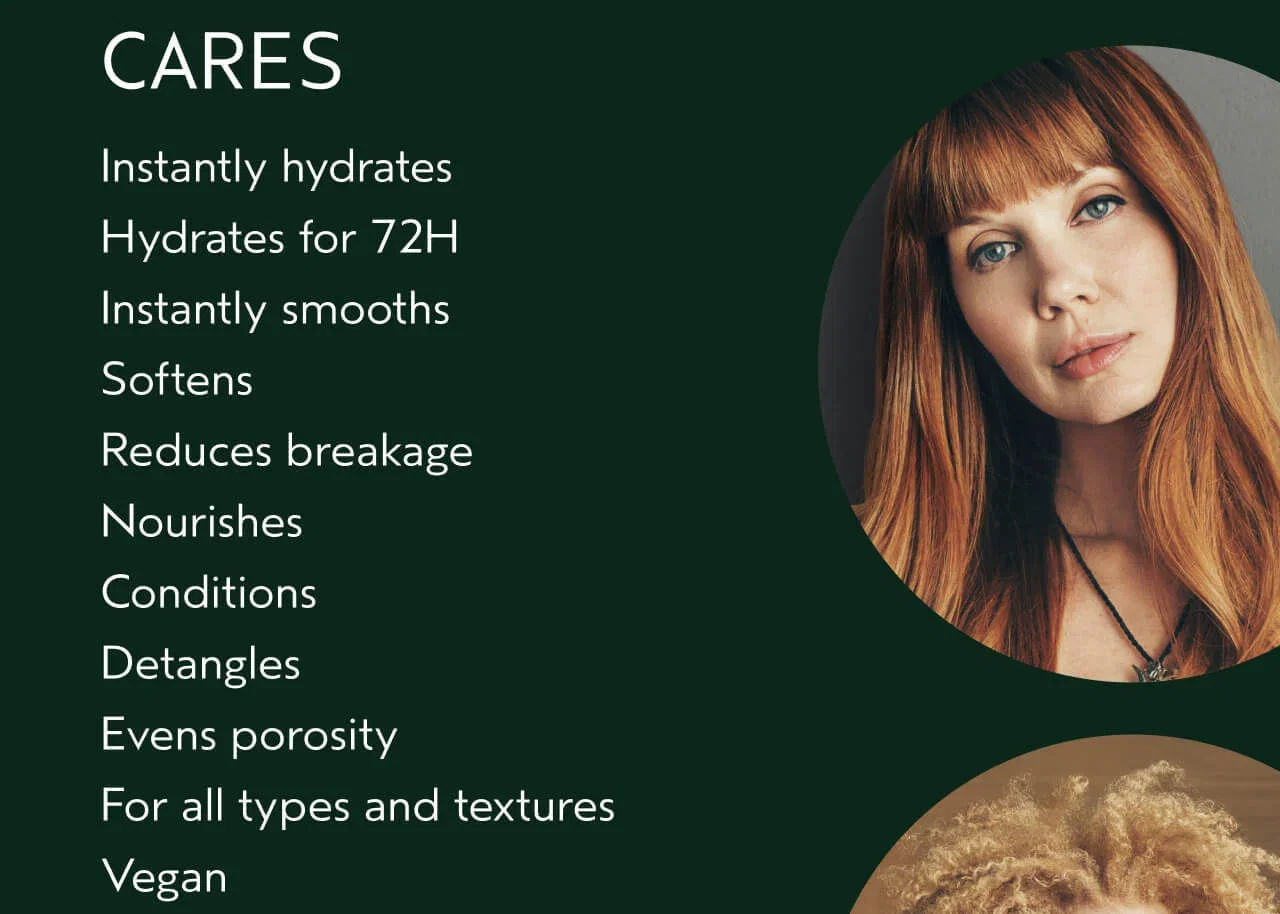 Woman's face within a circle with list of benefits labelled 'Cares' on the left.