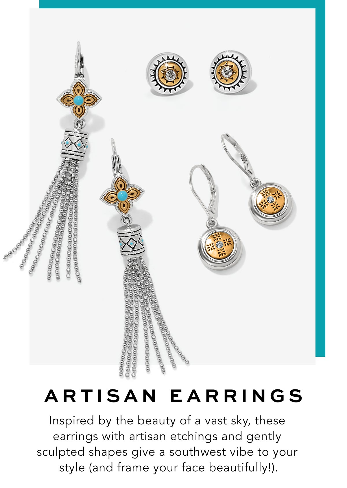 Artisan Earrings - Inspired by the beauty of a vast sky, these earrings with artisan etchings and gently sculpted shapes give a southwest vibe to your style (and frame your face beautifully!). - Shop Now