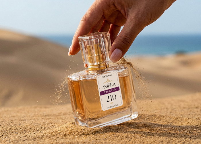 Hand placing Ambra 210 floral & fresh eau de parfum bottle on sandy beach with sea in background