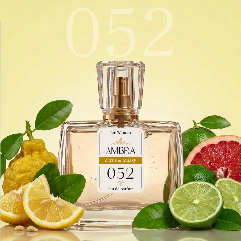 Glass Ambra 052 perfume bottle labelled 'citrus & musky' surrounded by lemons, limes and grapefruit on pale yellow background