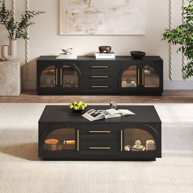 Arune 72" Arched Glass Doors TV Stand Coffee Table Set with Storage and LED