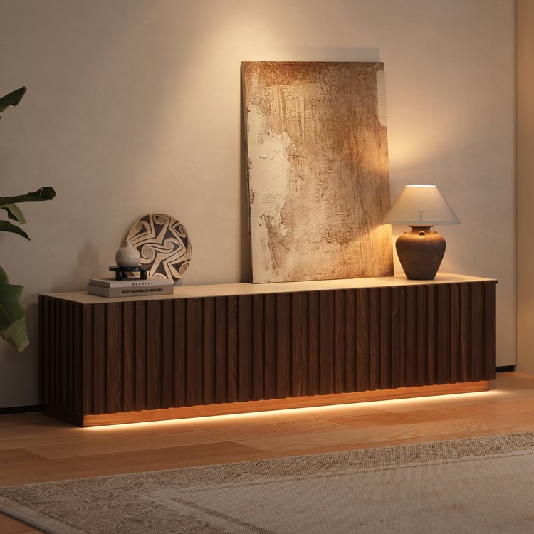 Aura 83" Ash Wood Fluted Walnut TV Stand with Sintered Stone Top