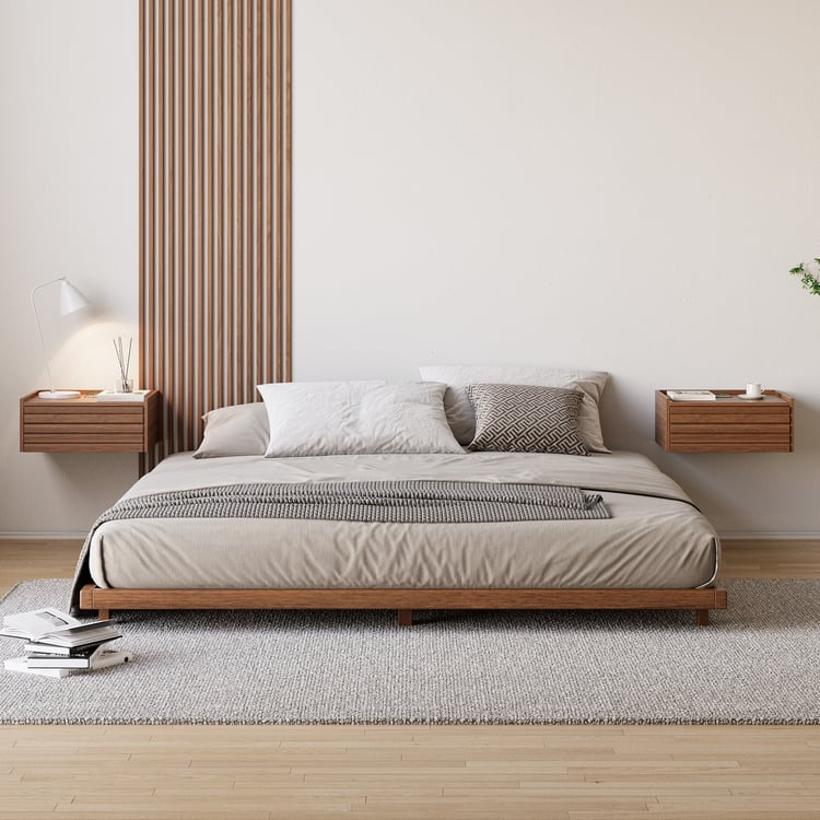 Japanese Style Queen Low Bed Frame Walnut Floor Bed & Floating Wooden Nightstands Set