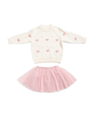Toddler Girls 2pc Embroidered Heart Sweater And Skirt Set | Pink | Size: 2Y | Polyester/Spandex/Viscose