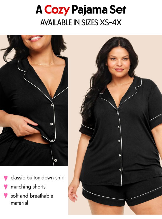 A Cozy Pajama Set - AVAILABLE IN SIZES XS–4X: classic button-down shirt. matching shorts.
soft and breathable material.