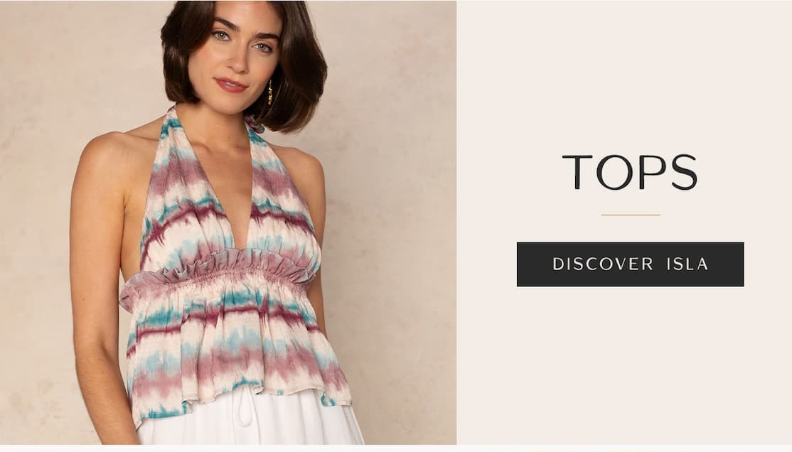 Model wearing a watercolor-print halter top with a ruffled empire waist, beside text reading “Tops” and “Discover Isla.”