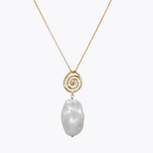HS Edit MOLTEN 18ct Yellow Gold Plated Sterling Silver Moulded Swirl Baroque Pearl Pendant Necklace