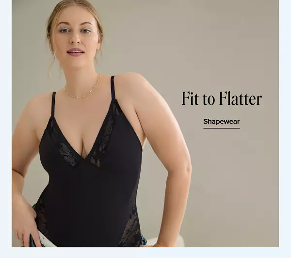 Fit to flatter. Shop shapewear. A woman in black lace shapewear.