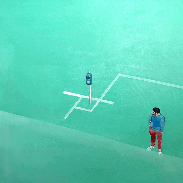 Blue painting man standing in corner