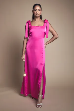 Satin Tie Shoulder Midi Bridesmaid Dress