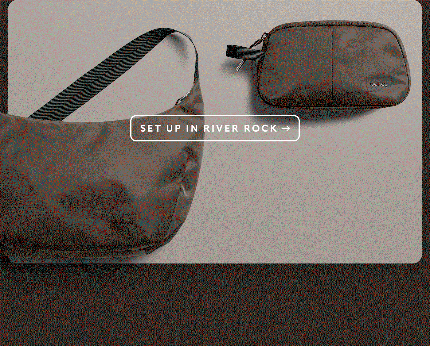[Setup 1] Laneway Crescent Bag 7L + Laneway Daily Pouch [Setup 2] Laneway Crescent Bag 12L + Laneway Daily Pouch + Laneway Sunglasses Pocket [Setup 3] Laneway Totepack + Laneway Sacoche CTA SET UP IN RIVER ROCK
