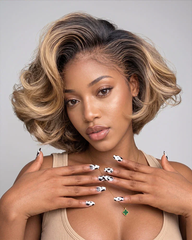 Arabella 13x6 Three-Go™ 280% High Density Glueless Old Money Bob Loose Body Wave Bob Wig Pre-cut Lace Ombre Platinum Blonde Balayage Highlights