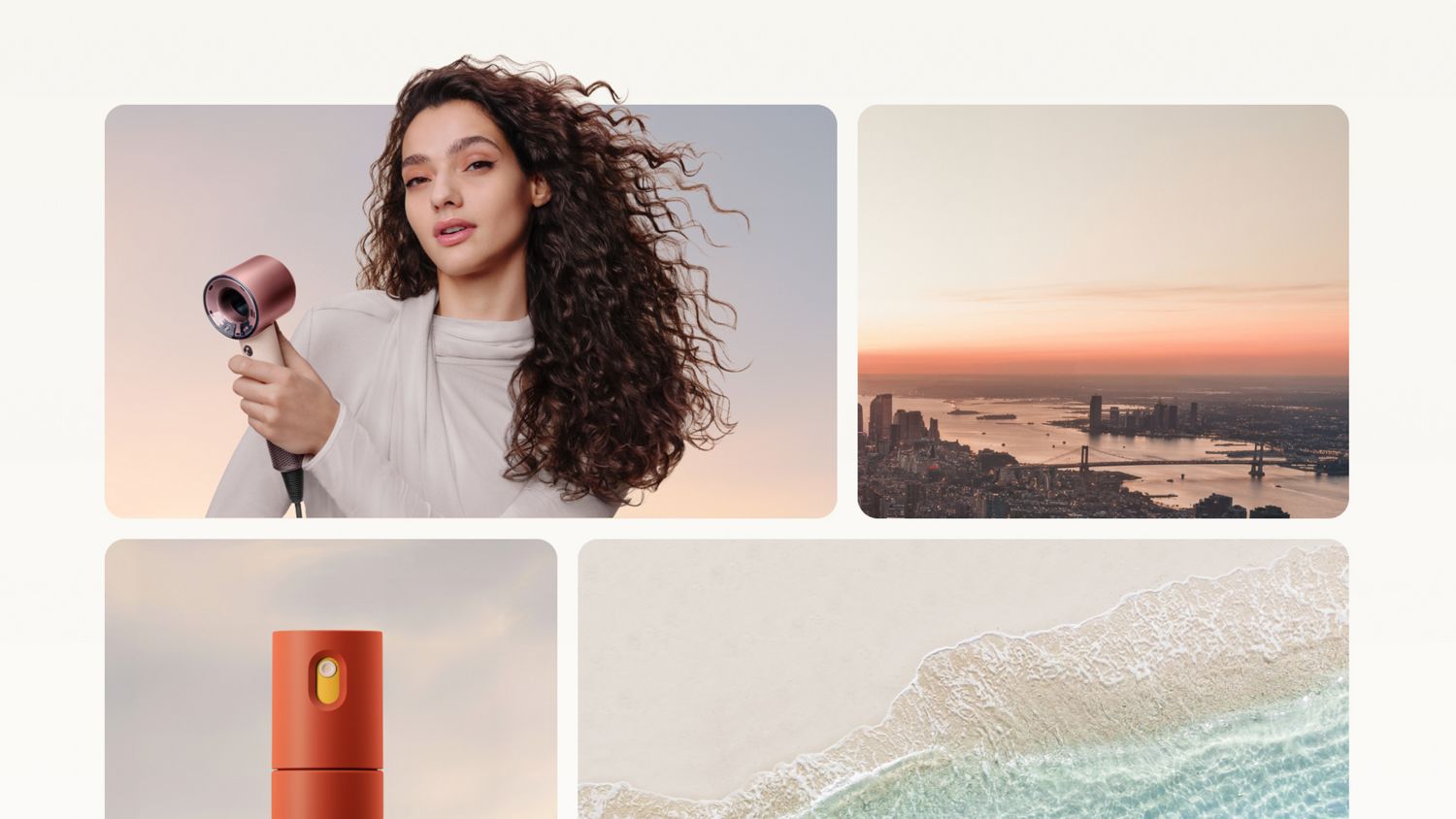 Collage que muestra el secador Dyson Supersonic™ Travel, el spray acondicionador sin aclarado Dyson Omega™ y varios destinos de viaje.