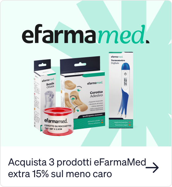 eFarmaMed logo with adhesive plasters, bandage roll and digital thermometer on pale green background