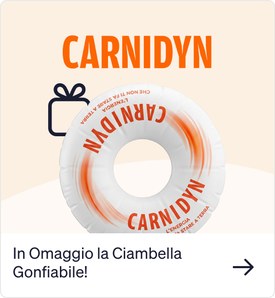 Promotional white and orange CARNIDYN inflatable lifebuoy on pale background with gift icon, advertising a free inflatable ring