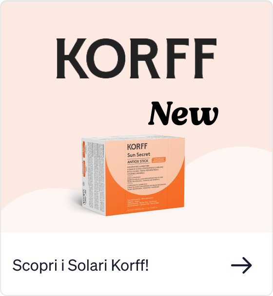 Korff Sun Secret Antiox Stick coral‑orange product box on a pale peach background with a bold 'KORFF' logo and 'New' label, promotional image
