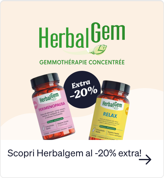 HerbalGem logo with two supplement bottles labelled Perimenopause and Relax and a circular 'Extra -20%' discount badge