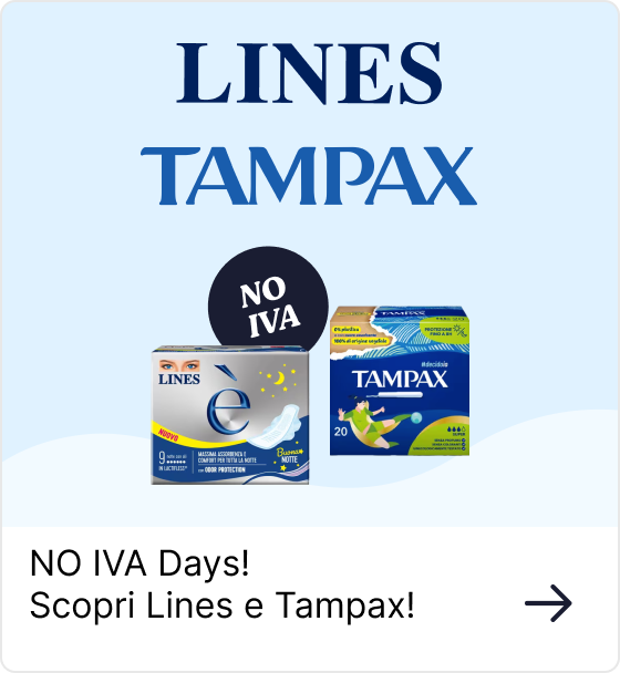 Lines and Tampax feminine hygiene product boxes on pale blue background with a 'NO IVA' promotional badge