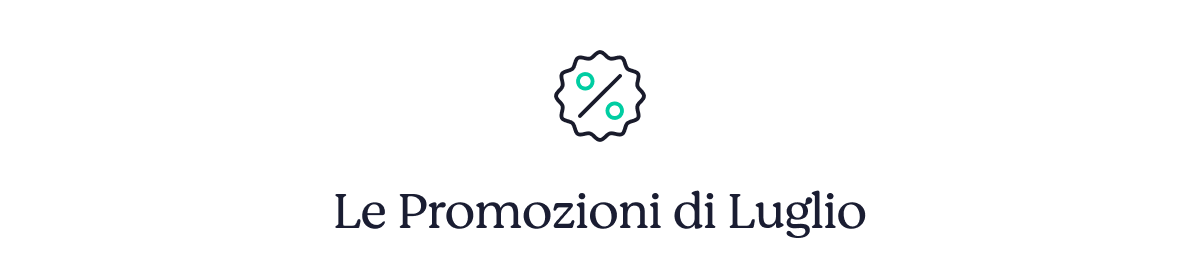 Discount badge icon above the Italian headline "Le Promozioni di Luglio" (July promotions)