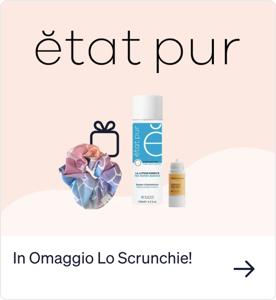 Etat Pur blue hydrating spray and serum ampoule with free colourful scrunchie gift on pale pink background