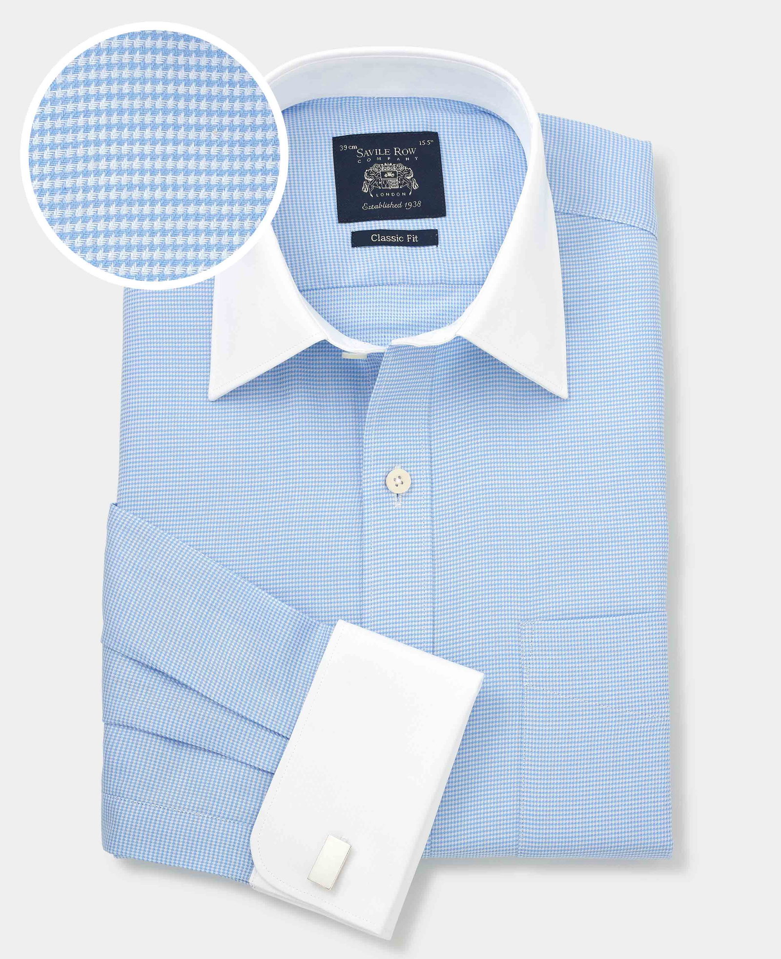 Image of Blue Puppytooth Classic Fit Contrast Collar Shirt - Double Cuff