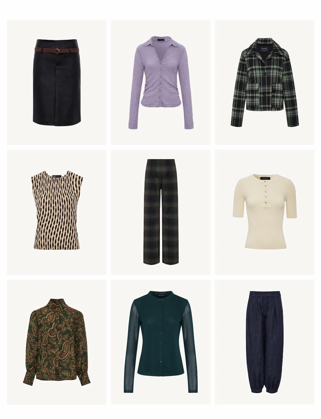 grid of new styles include balloon pant, jackets, plaid tops and pants