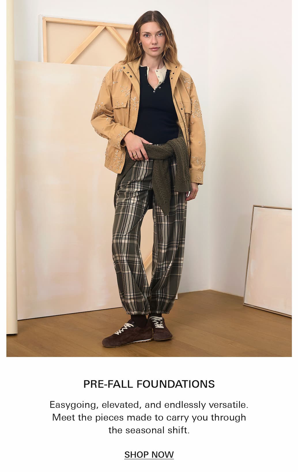 new for pre-fall: model wearing plaid balloon pant and embellished jacket