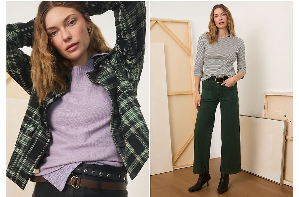 model wearing plaid jacket and purple perfect tee, model wearing green chelsea jean and stripe top