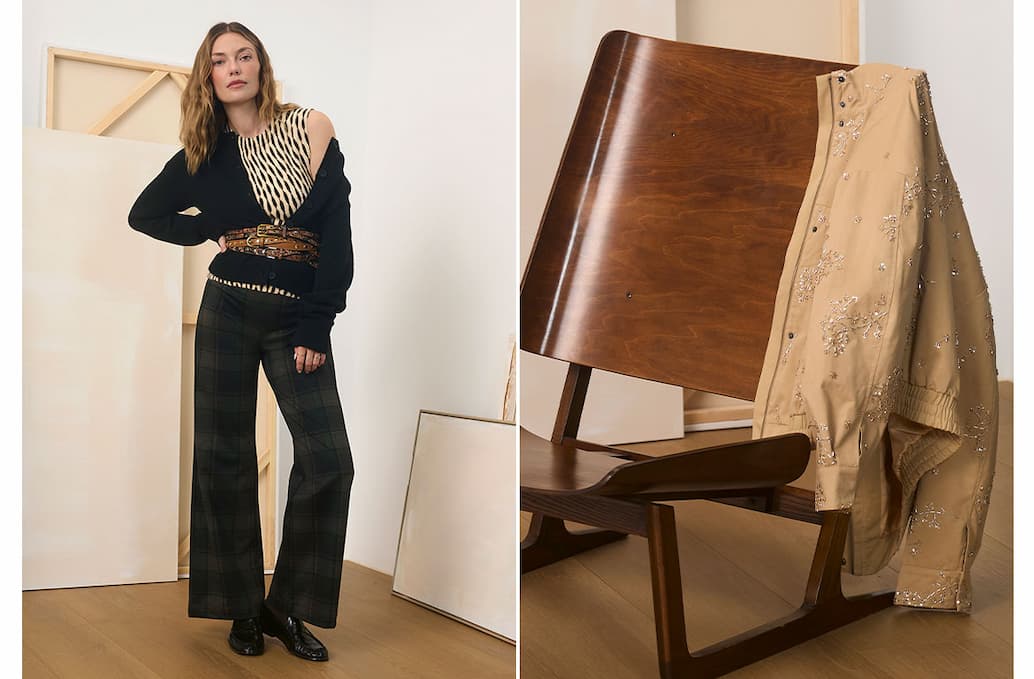model wearing plaid pant, cardigan, and embellished jacket hanging over chair