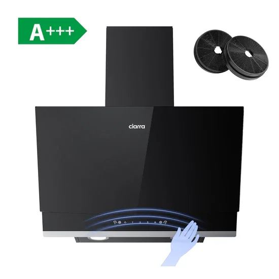CIARRA 60cm Black Frosted Glass Angled Cooker Hood, A+++ Energy Rating, Gesture & Touch Dual Control, 710m³/h Extraction Convertible CBCB6736A