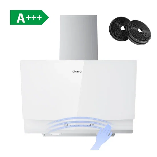 CIARRA 60cm White Frosted Glass Angled Cooker Hood, A+++ Energy Rating, Gesture & Touch Dual Control, 710m³/h Extraction Convertible CBCW6736A