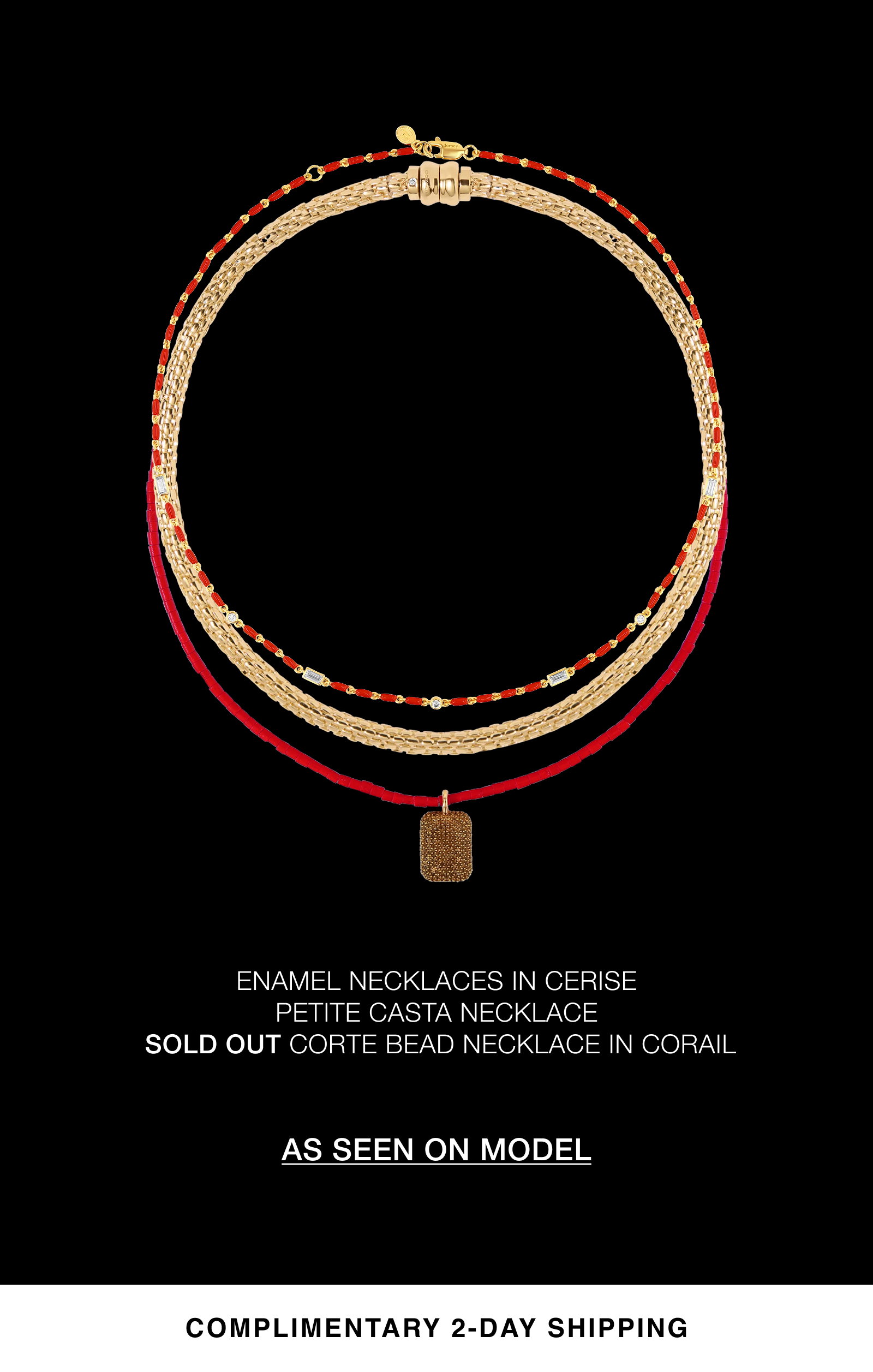Enamel Necklaces in Cerise. PETITE CASTA NECKLACE. SOLD OUT CORTE BEAD NECKLACE IN CORAIL. AS SEEN ON MODEL. COMPLIMENTARY 2-DAY SHIPPING.