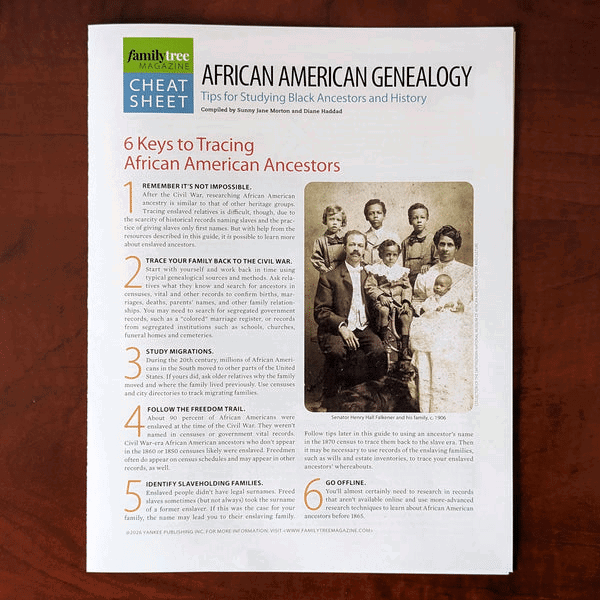 A printed Family Tree Magazine cheat sheet titled “African American Genealogy” lists 6 tips for tracing African American ancestors, featuring a historical black-and-white family photo.