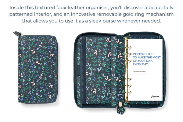 Inside this textured faux-leather organiser, you’ll discover a beautifully patterned interior, and an innovative removable gold ring mechanism that allows you to use it as a sleek purse whenever needed.