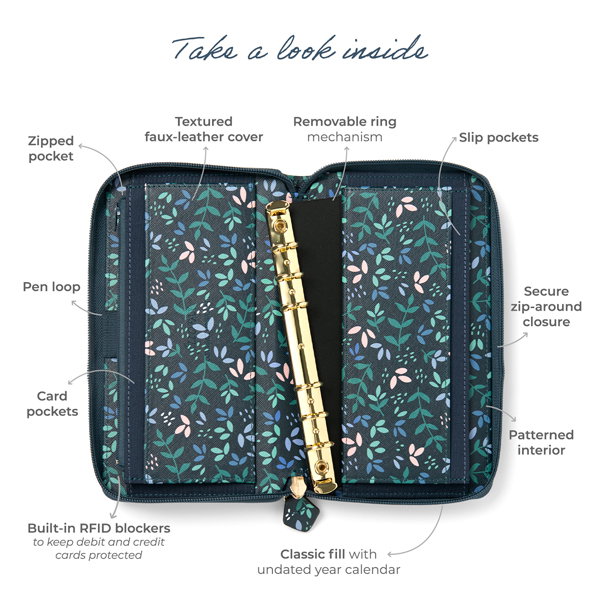 Take a look inside: -Zipped pocket -Textured faux-leather cover -Removable ring mechanism -Card pockets -Pen loop -Secure zip-around closure -Slip pockets -Patterned interior -Built-in RFID blockers to keep debit and credit cards protected -Classic fill with undated year calendar.