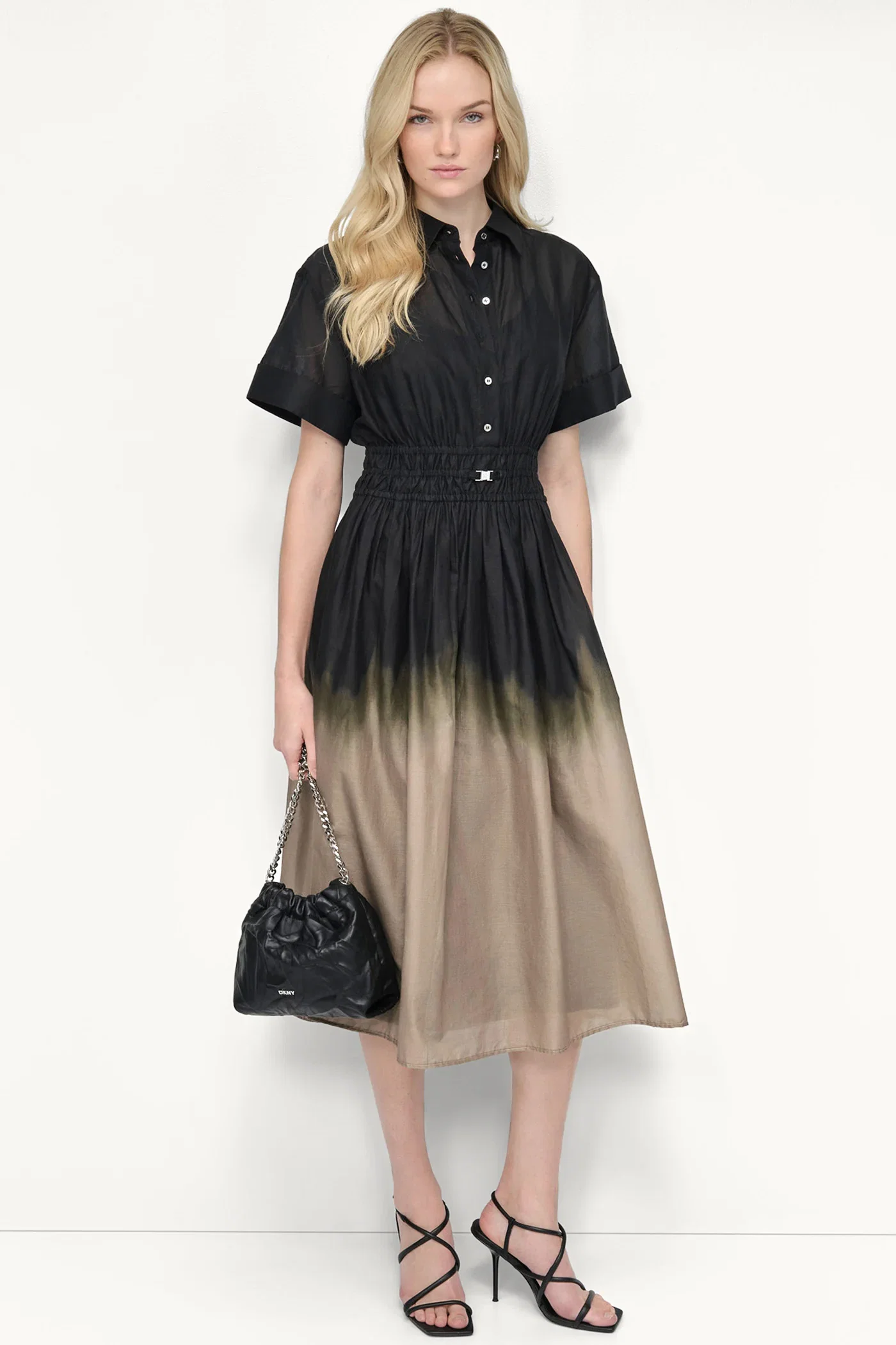 Image of COTTON SHORT SLEEVE OMBRÉ MIDI SHIRT DRESS