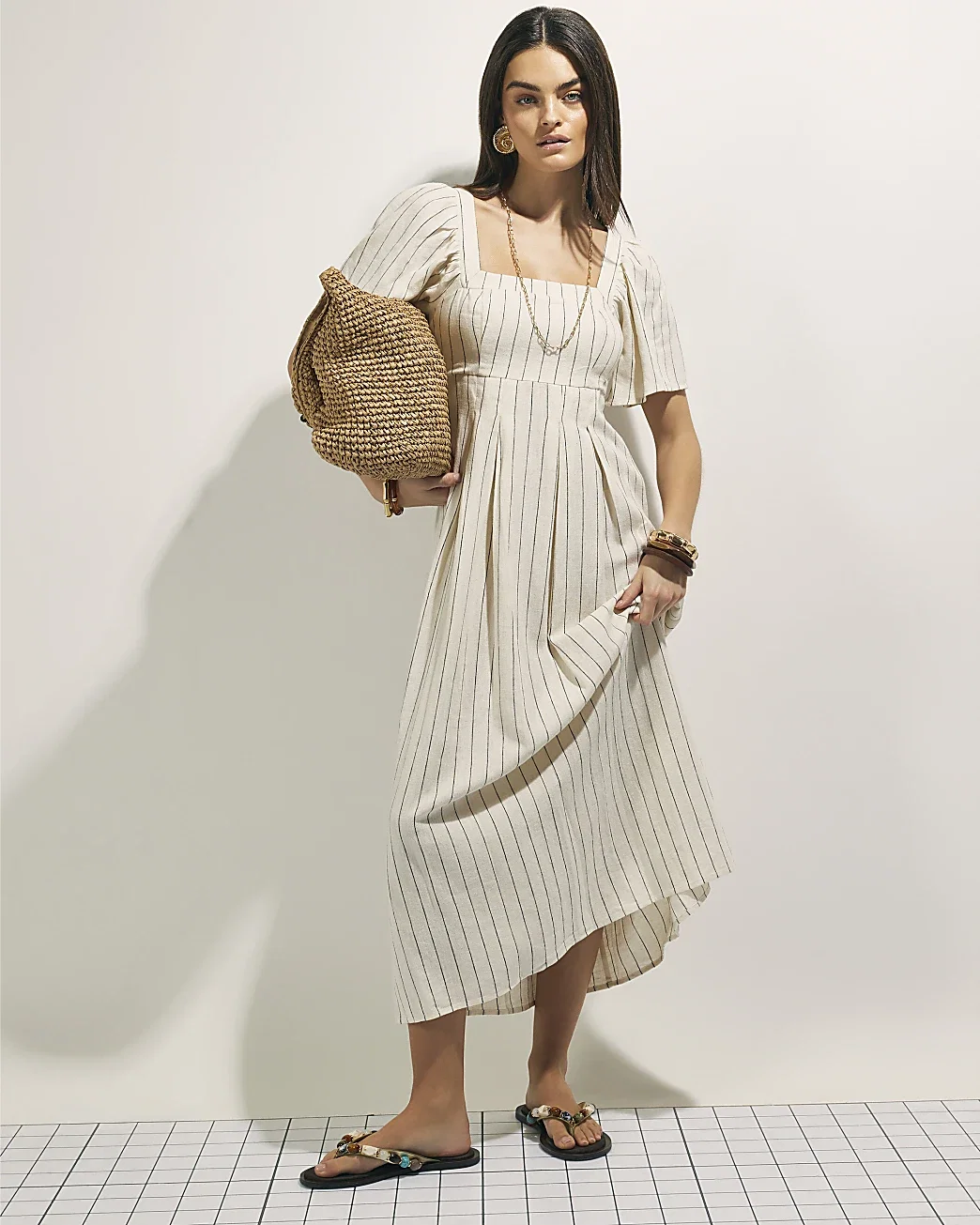 Womens Beige Stripe Linen Blend Shirred Midi Dress
