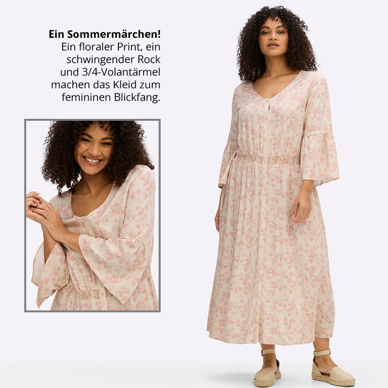 Ein Model trägt einelfenbein-rosenquarz-bedrucktes Sommerkleid mit floralem Alloverprint und V-Ausschnitt. Daneben folgender Text: Ein Sommermärchen! Ein floraler Print, ein schwingender Rock und 3/4-Volantärmel machen das Kleid zum femininen Blickfang.