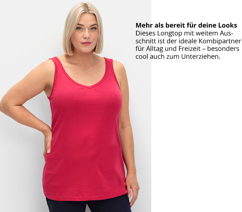 Ein Model trägt ein sorbet pink farbenes Longtop mit weitem Ausschnitt. Daneben folgender Text: Mehr als bereit für deine Looks. Dieses Longtop mit weitem Ausschnitt ist der ideale Kombipartner für Alltag und Freizeit – besonders cool auch zum Unterziehen.