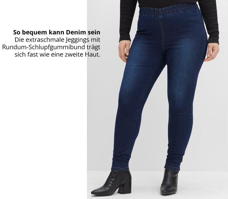 Ein Model trägt eine Jeggings in dark blue denim mit Rundum-Schlupfgummibund und extraschmaler Beinform. Daneben folgender Text: So bequem kann Denim sein. Die extraschmale Jeggings mit Rundum-Schlupfgummibund trägt sich fast wie eine zweite Haut.