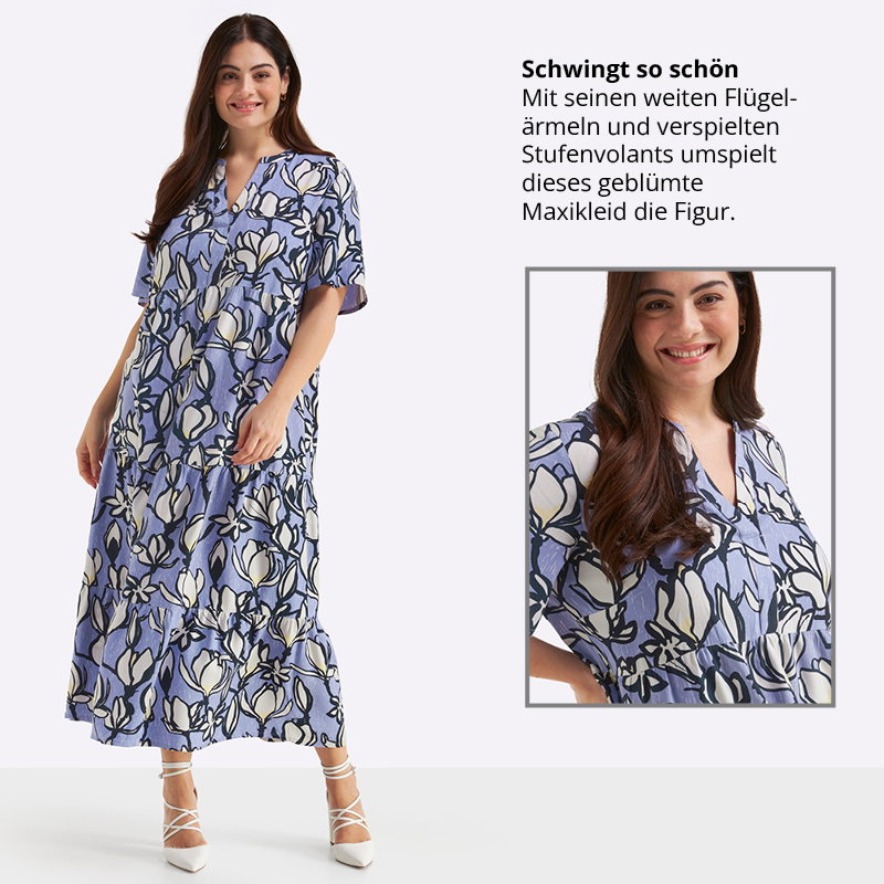Ein Model trägt ein flieder-ecru-bedrucktes A-Linien-Kleid mit abstraktem Blumenprint, Volants und weiten Flügelärmeln. Daneben folgender Text: Schwingt so schön. Mit seinen weiten Flügelärmeln und verspielten Stufenvolants umspielt dieses geblühmte Maxikleid die Figur.