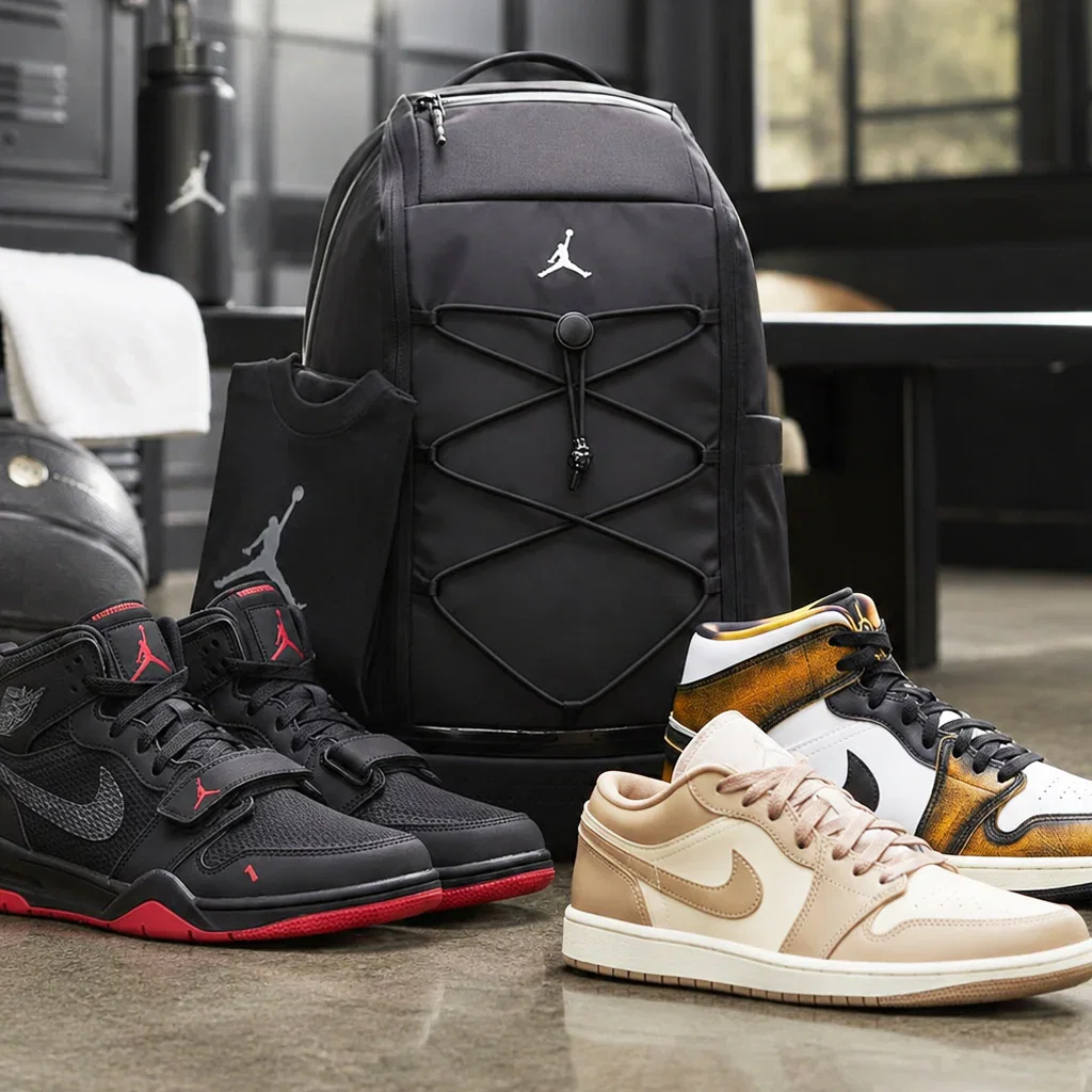 Air Jordan backpack displayed with three sneakers: black/red high-top, beige/cream mid-top, and white/gold/black high-top.