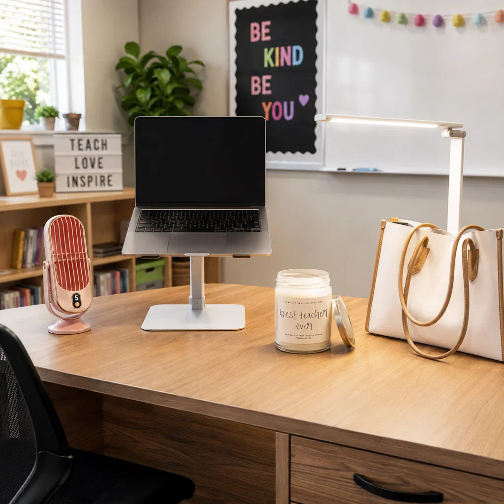 Teacher's desk with laptop, pink fan, candle, tote bag, and motivational classroom posters.